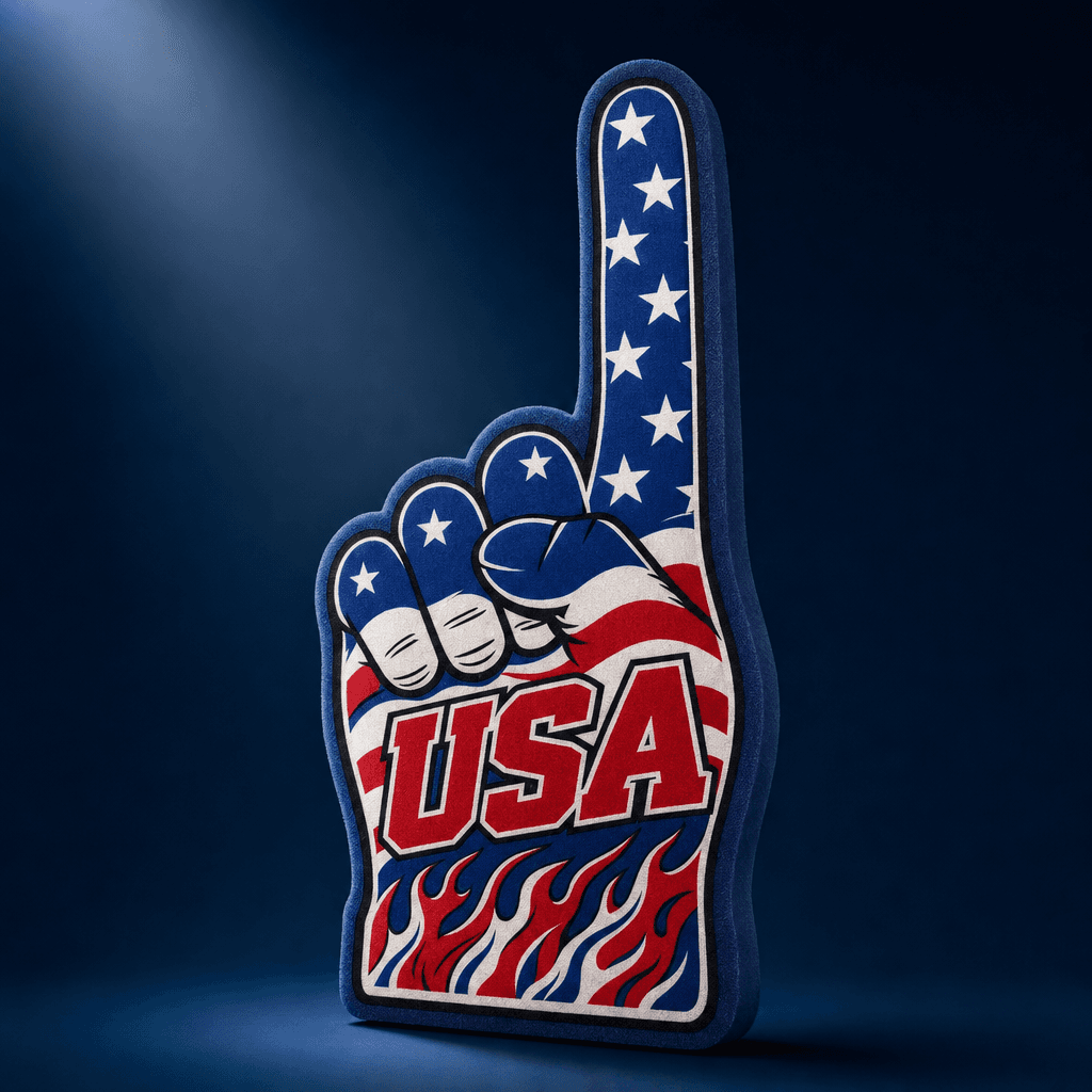 USA cheering finger — oversized foam hand with stars and stripes
